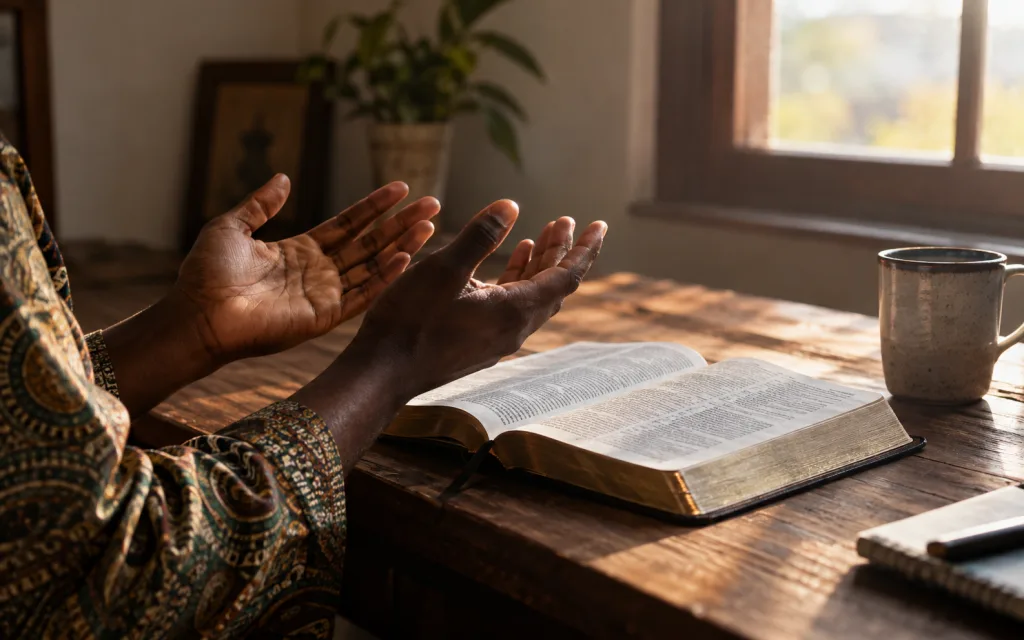 Open hands raised in prayer over an open Bible
